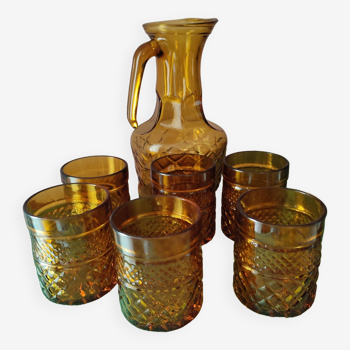 Italian glass pitcher accompanied by its 6 glasses