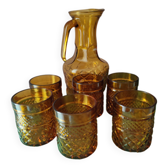 Italian glass pitcher accompanied by its 6 glasses