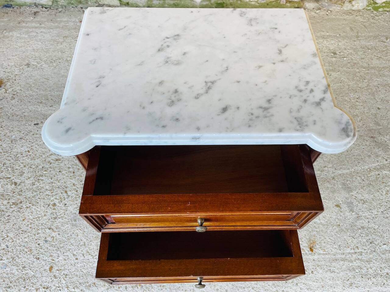 Louis XVI style bedside table, Carrara marble and mahogany