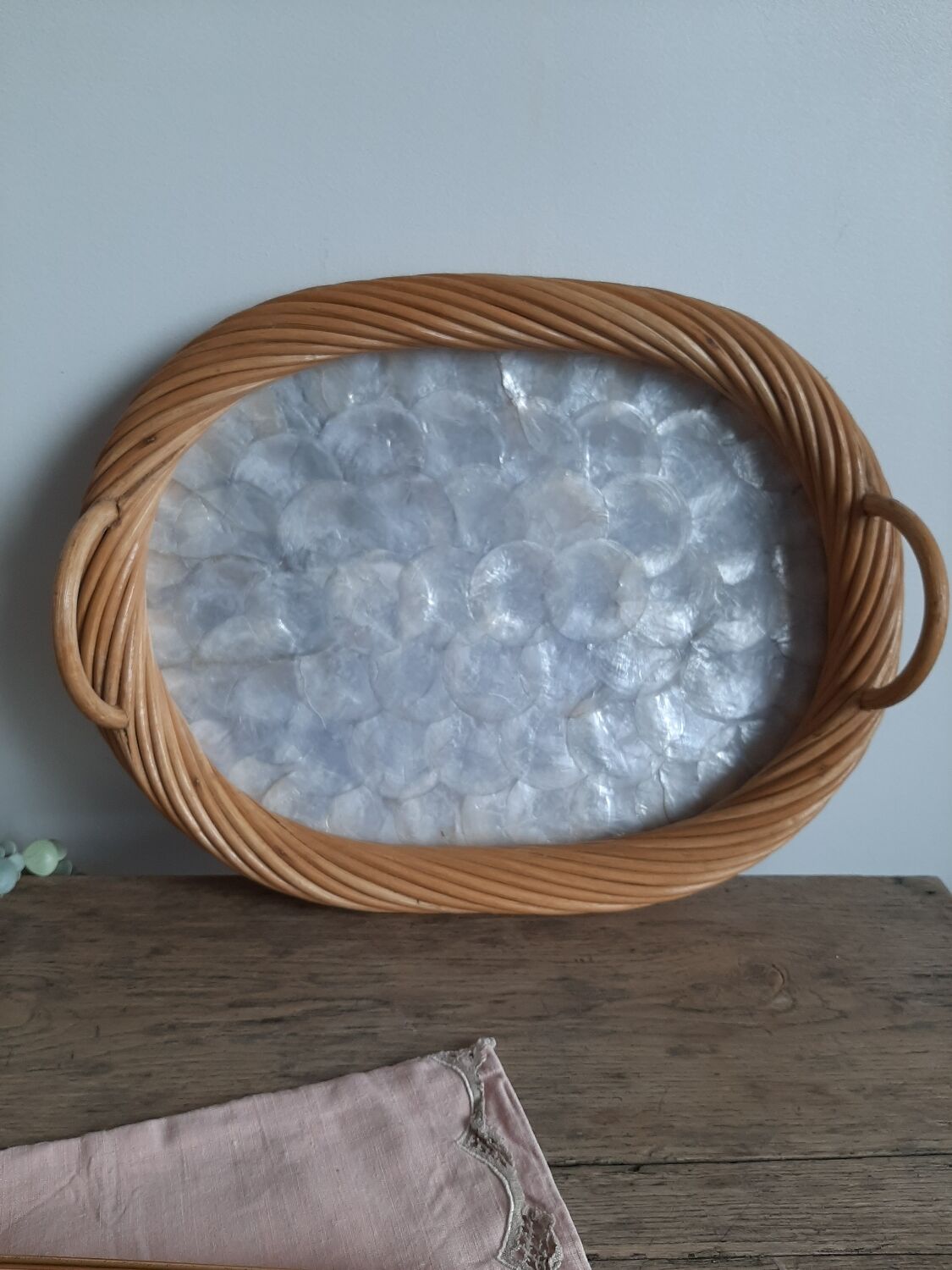 Vintage rattan and mother-of-pearl tray