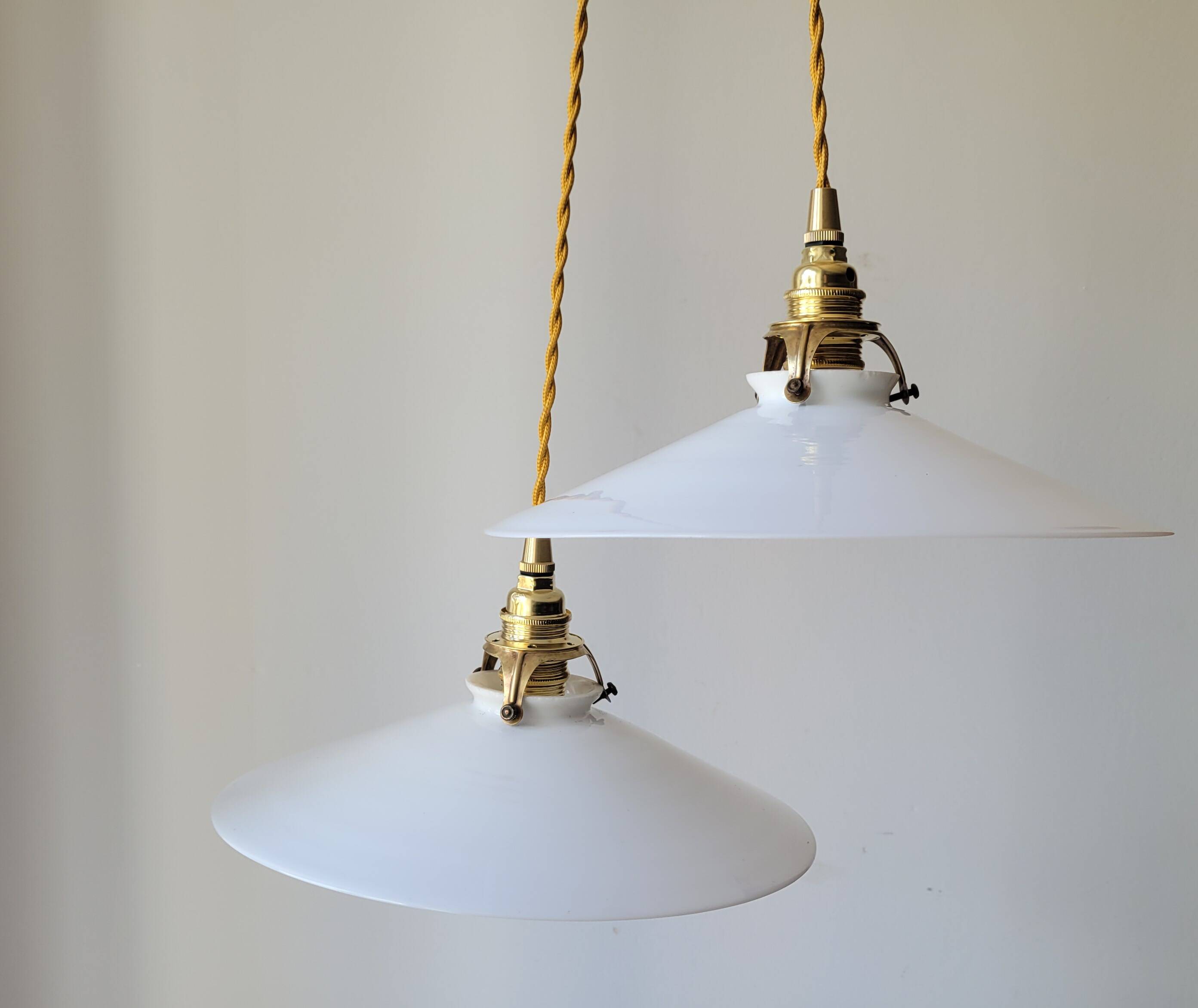 Duo of white opaline pendant lights
