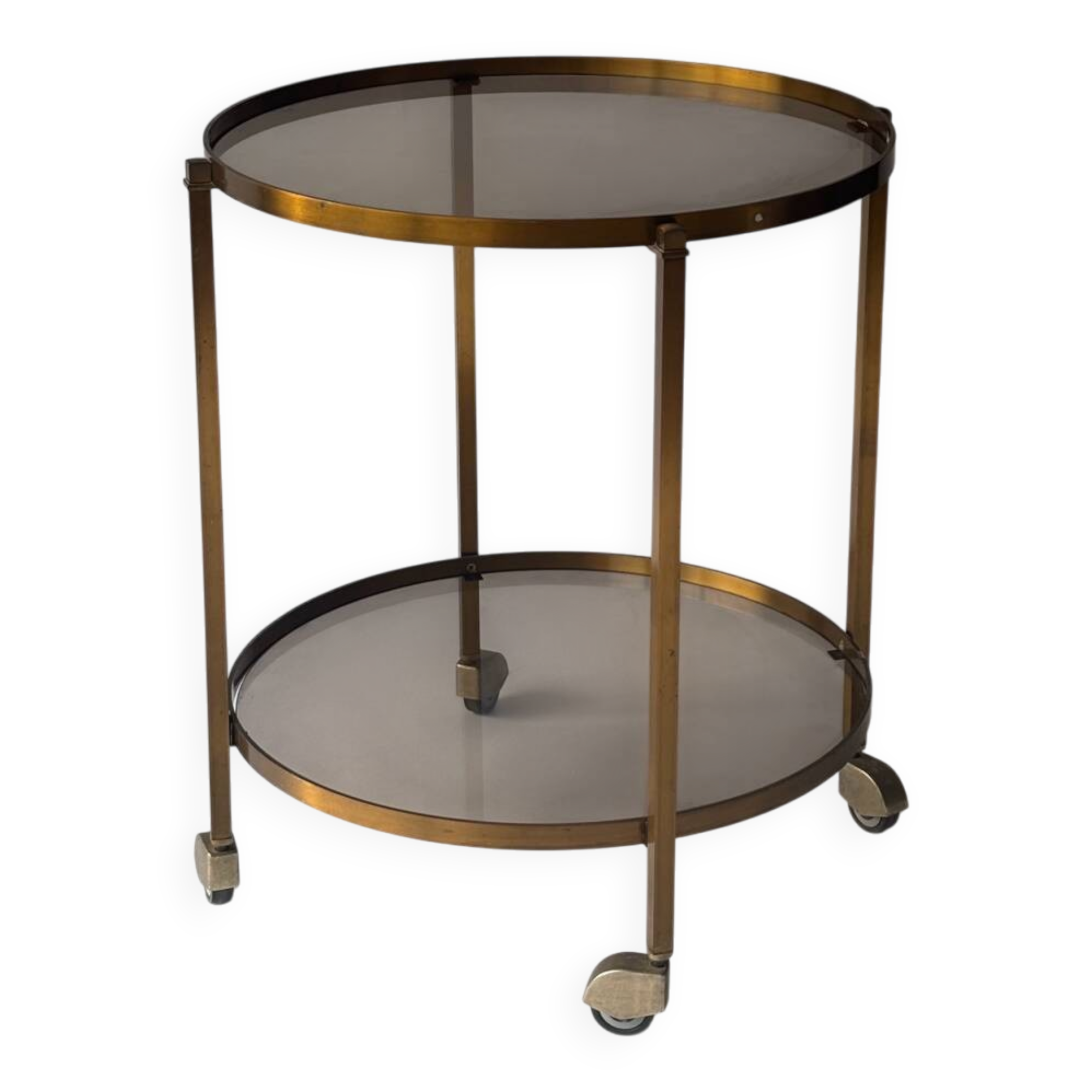 Rolling dessert trolley in brass and smoked glass, 1960
