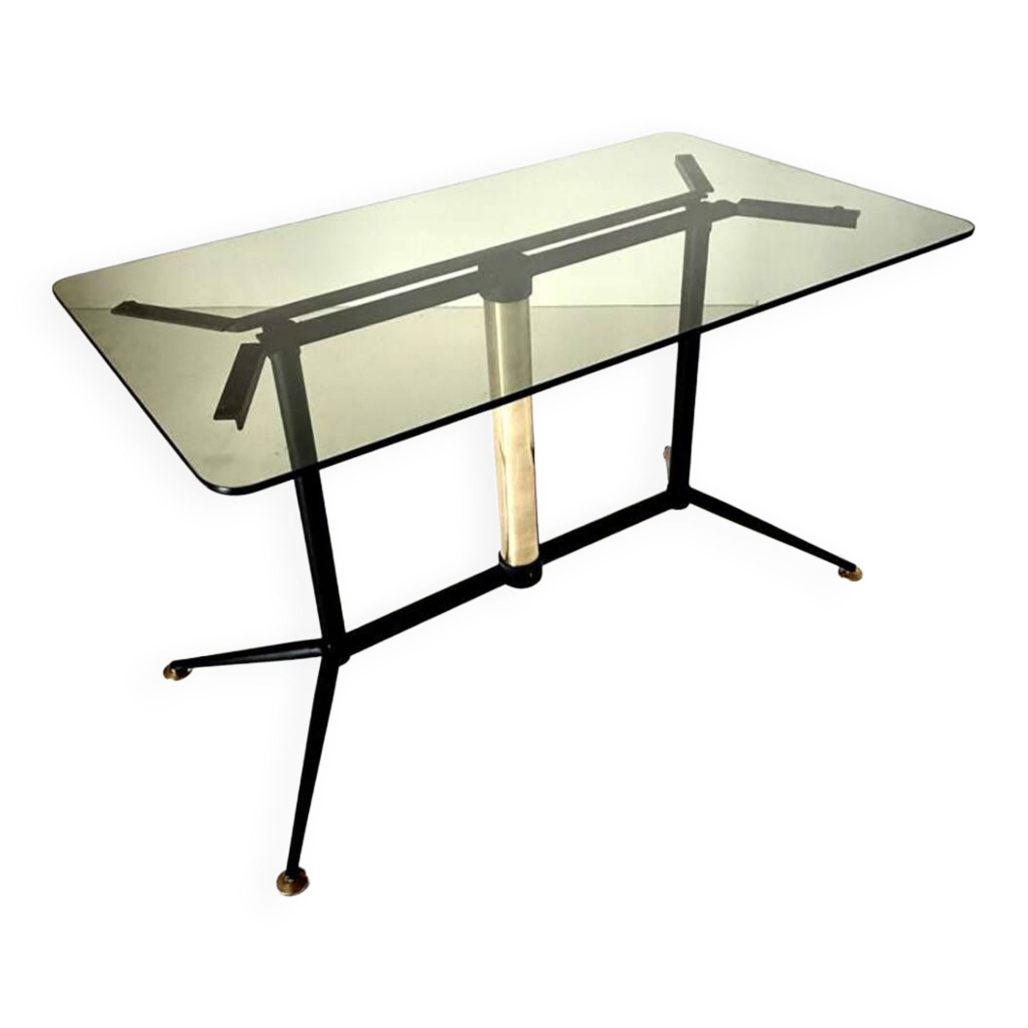 Vintage coffee table with smoked glass top and iron and brass base, Italy 1960s