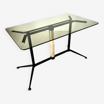 Vintage coffee table with smoked glass top and iron and brass base, Italy 1960s