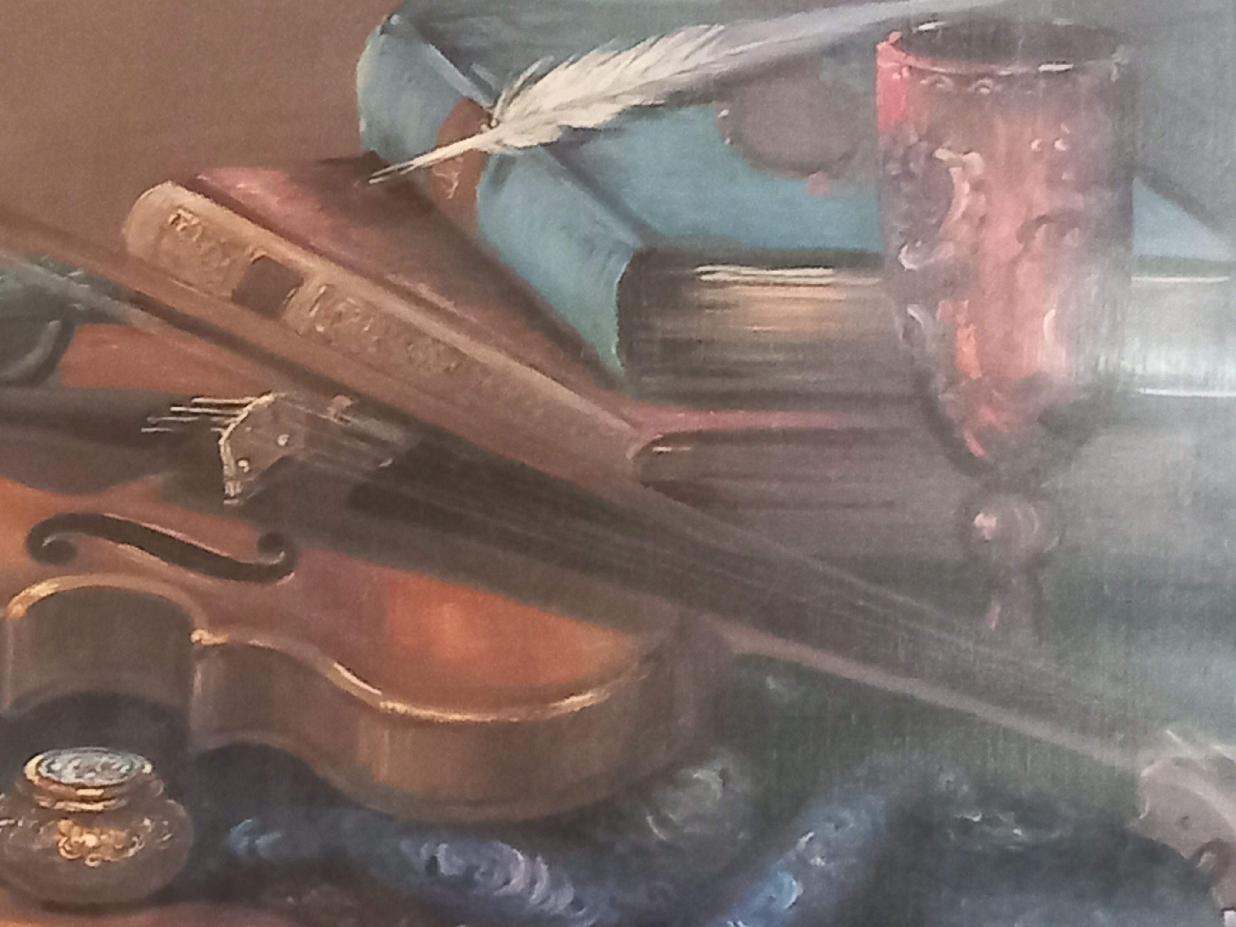 Signed oil-still life on violin