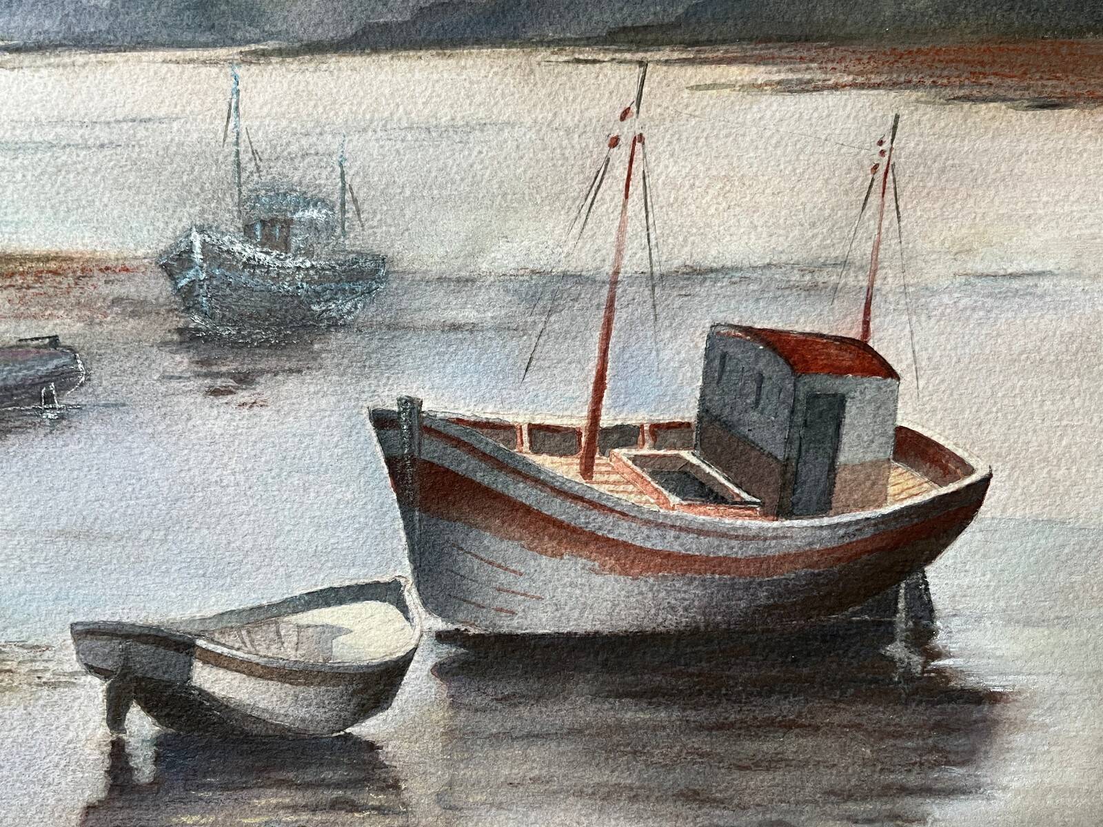 Large Watercolour Seascape (Saint Gilles?) Brittany Low Tide