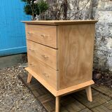 Vintage chest of drawers with compass feet, solid raw beech, 1960s
