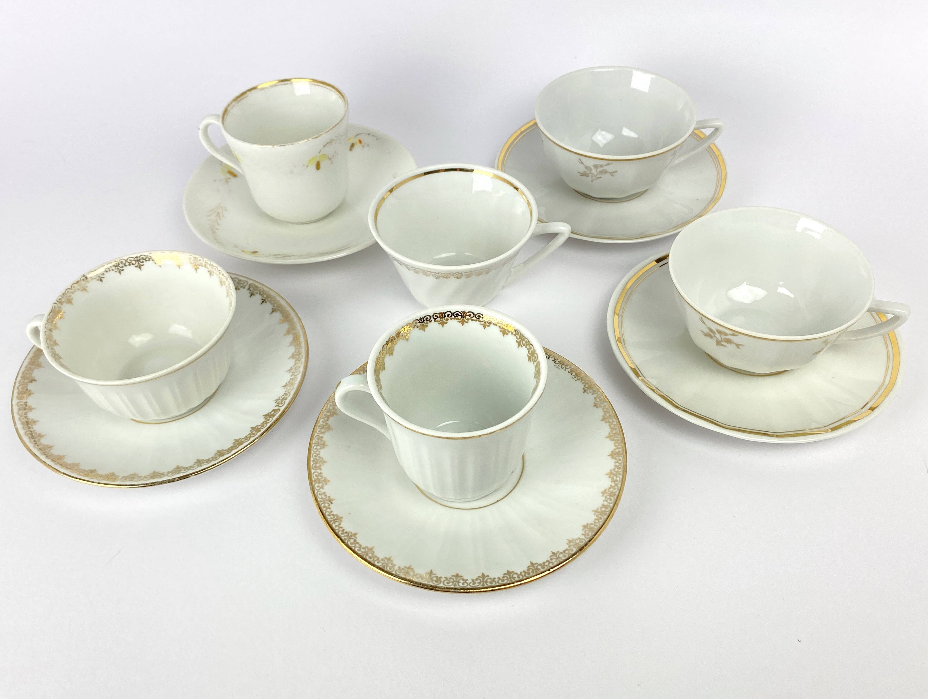 Vintage Mismatched Set of 6 Porcelain Cups and 5 Saucers - Gold
