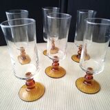 6 Luminarc champagne flutes with amber stem, 1970s