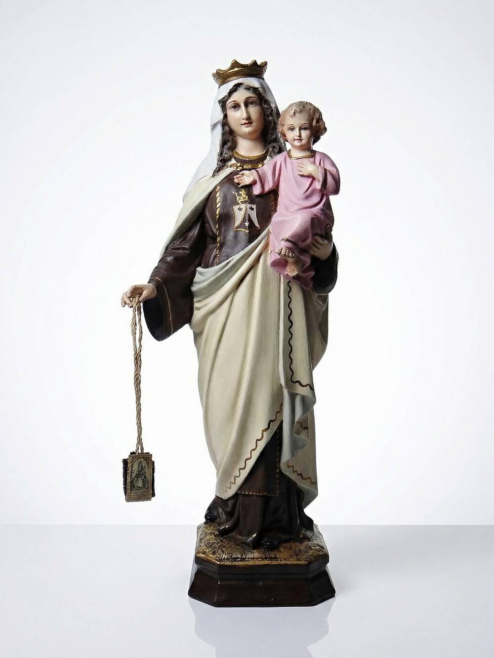 Statuette stuc ND du Mont Carmel, ateliers Olot, yeux en verre, 1920-1930