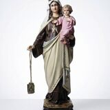 Statuette stuc ND du Mont Carmel, ateliers Olot, yeux en verre, 1920-1930