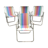 Série de 4 chaises pliantes jardin métal en tissu arc en ciel vintage