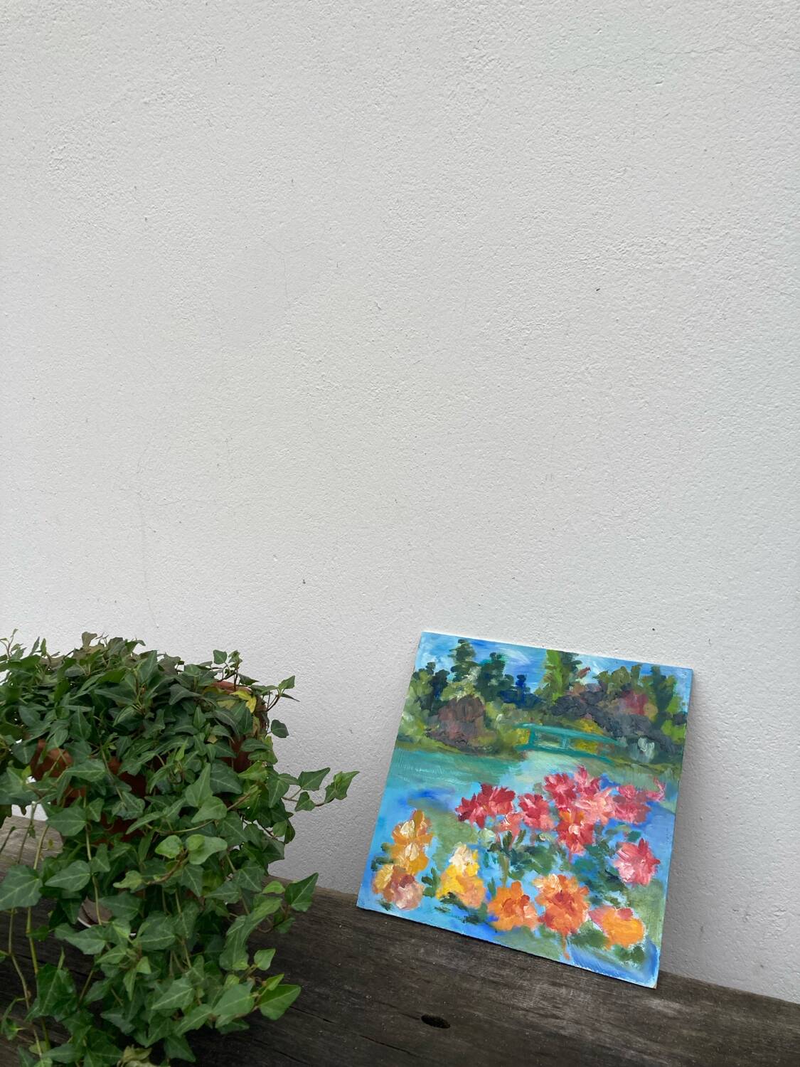 Old oil painting / landscape painting and flowers
