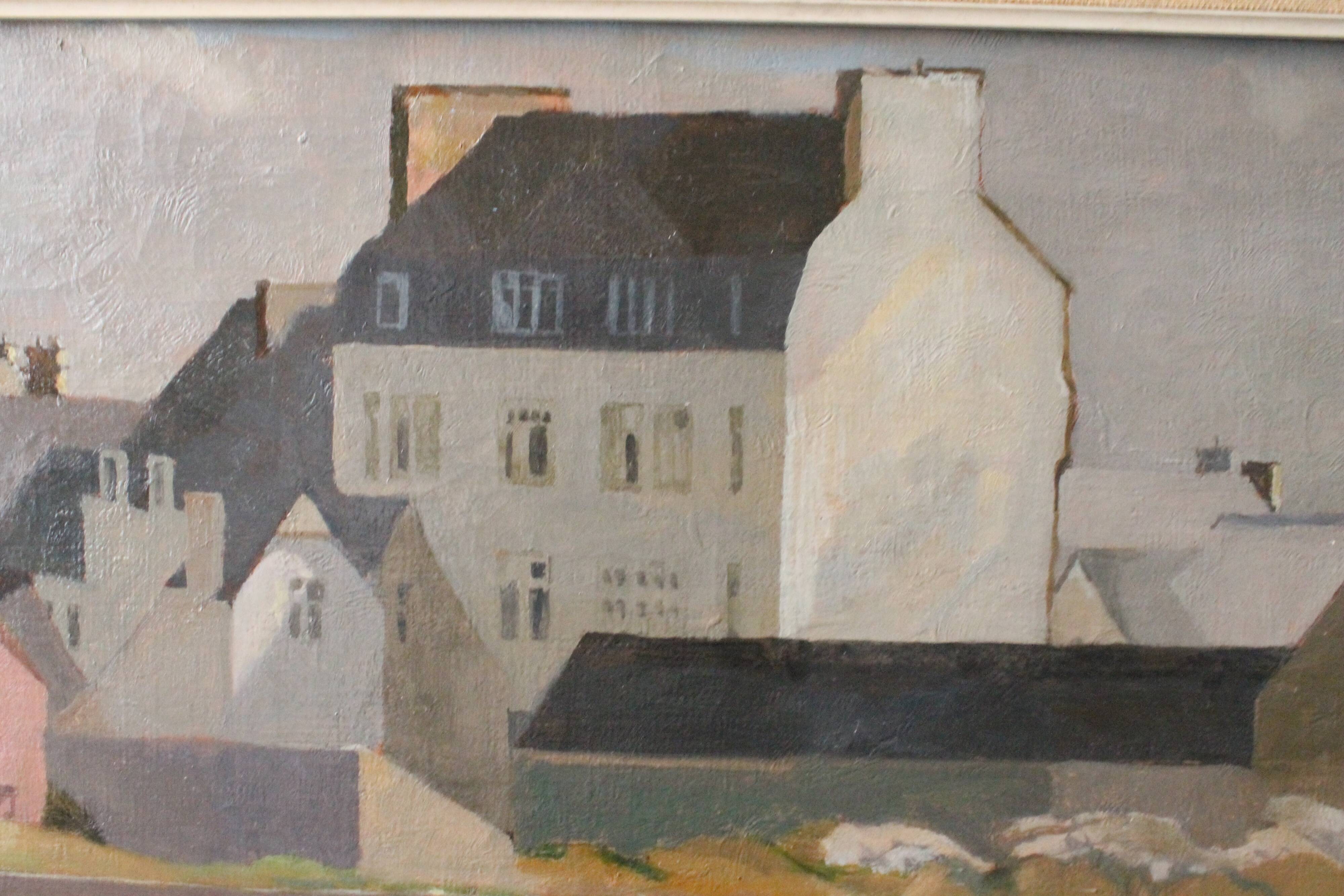 Painting "The roofs of Lesconil in Brittany" French school 20th century