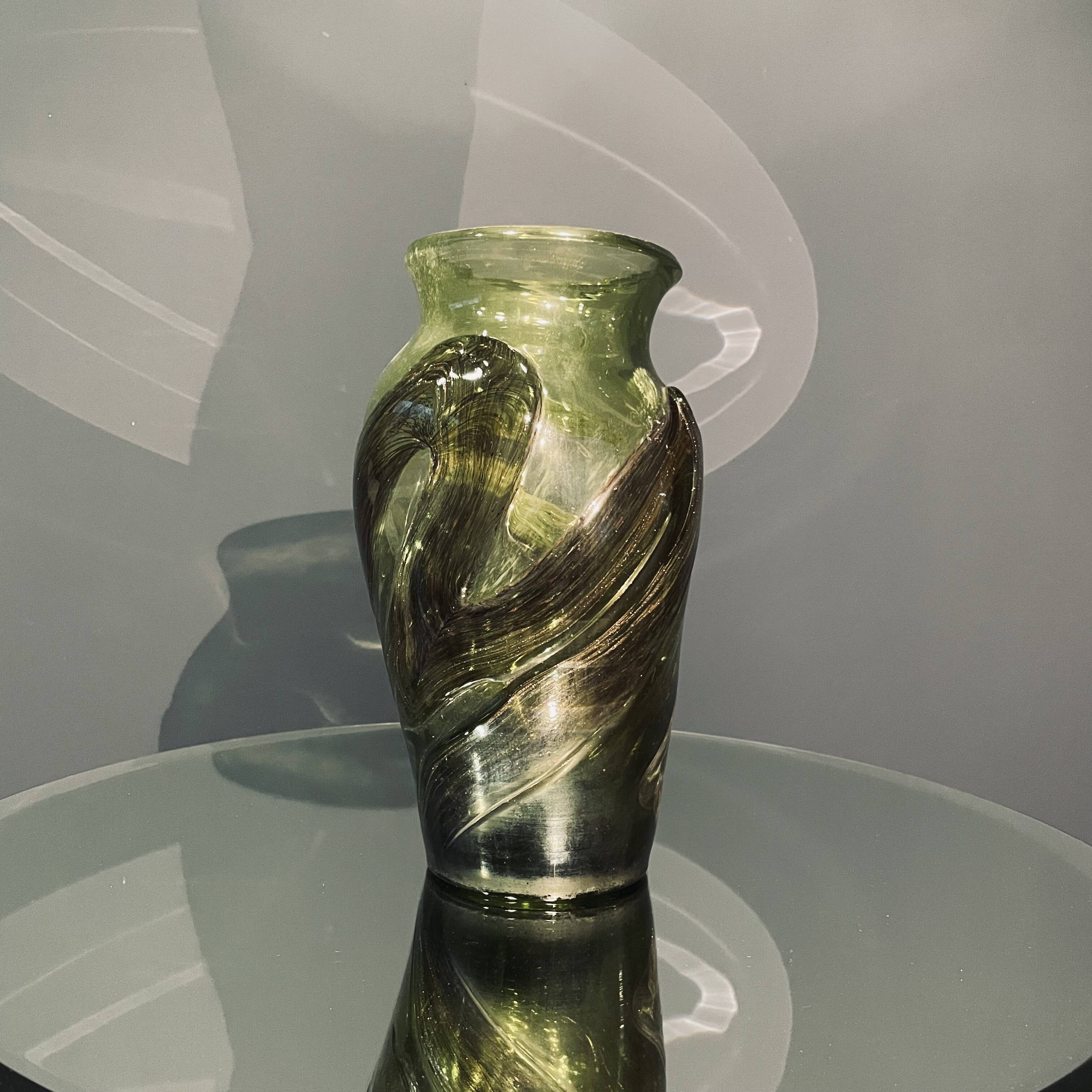 Large Green Coloured Glass Vase, Signed by Winnowski, Biot, France, 1990s
