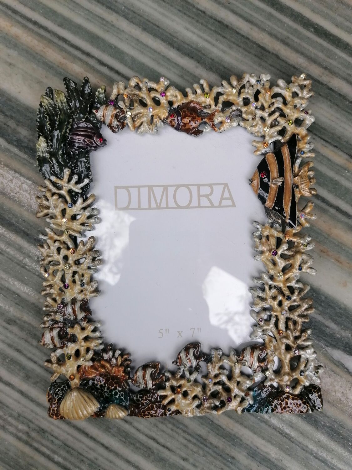 Enamelled metal photo frame. Fish décor. Perfect condition