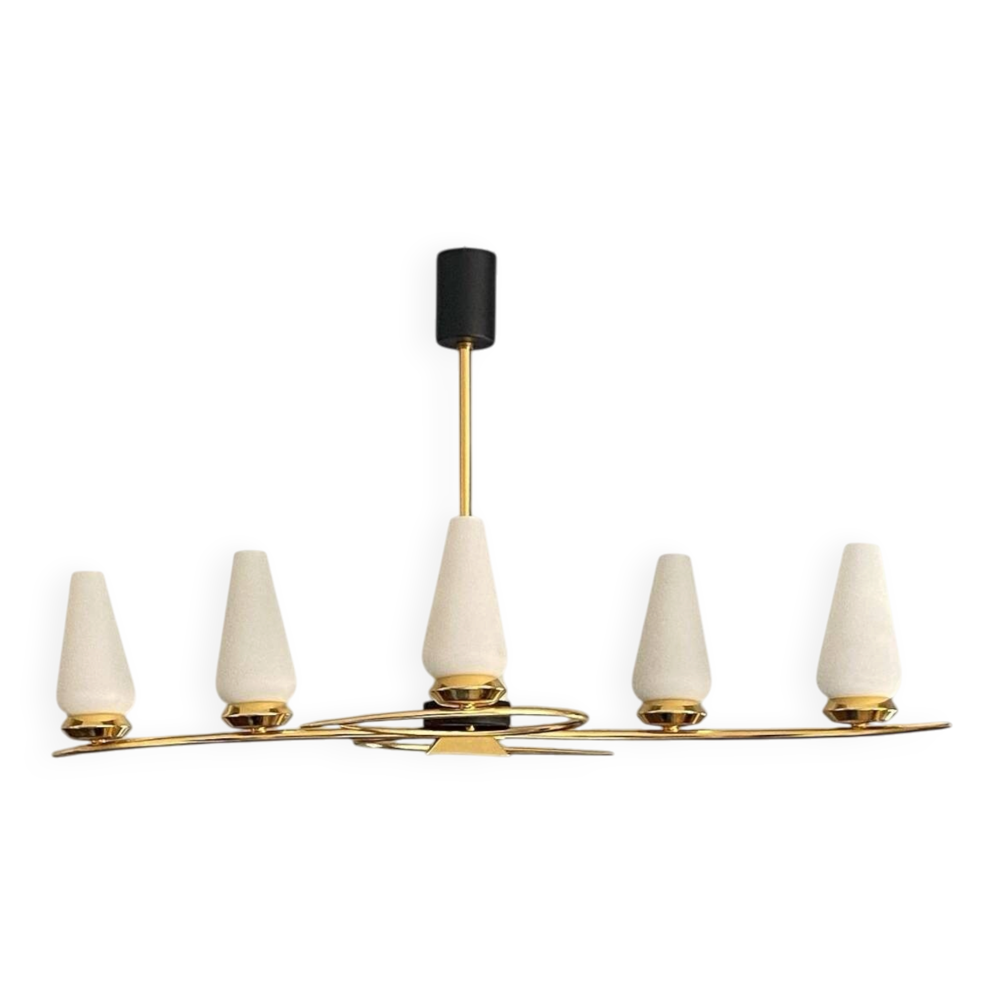 Large chandelier from 1950-1960, gilded metal with 6 white opaline glass tulips by Arlus.