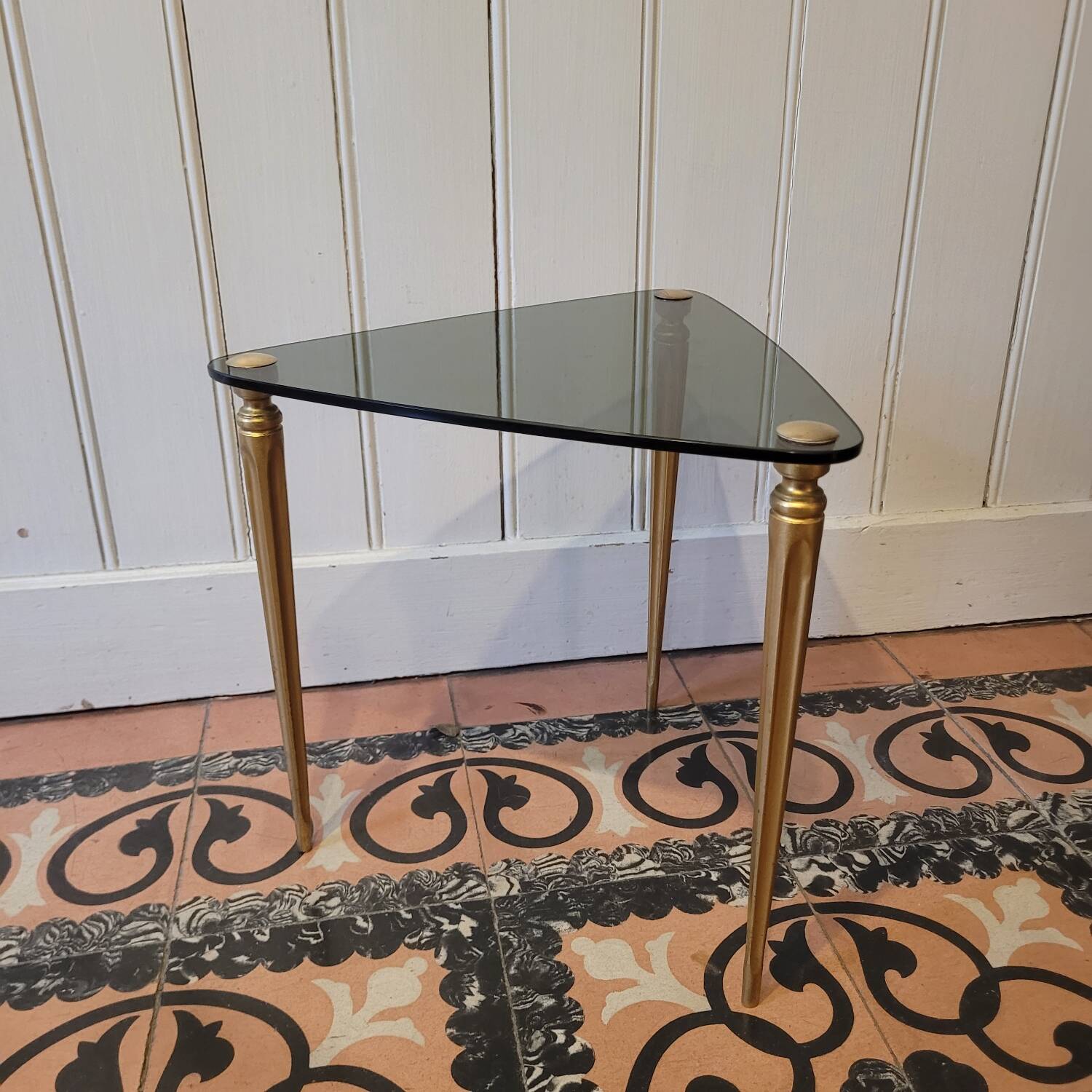 Tripod table in smoked glass – triangular top – 1950s–1960s