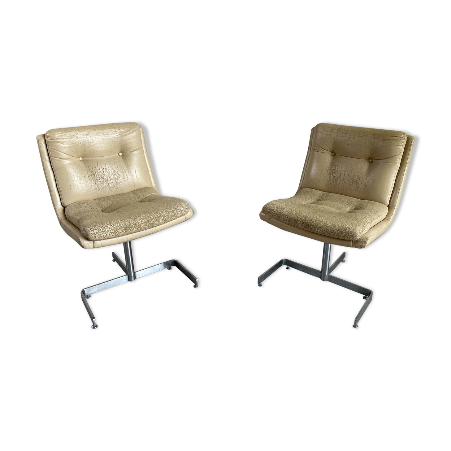 Raphaël, paire de chauffeuses en cuir et inox, france 1970