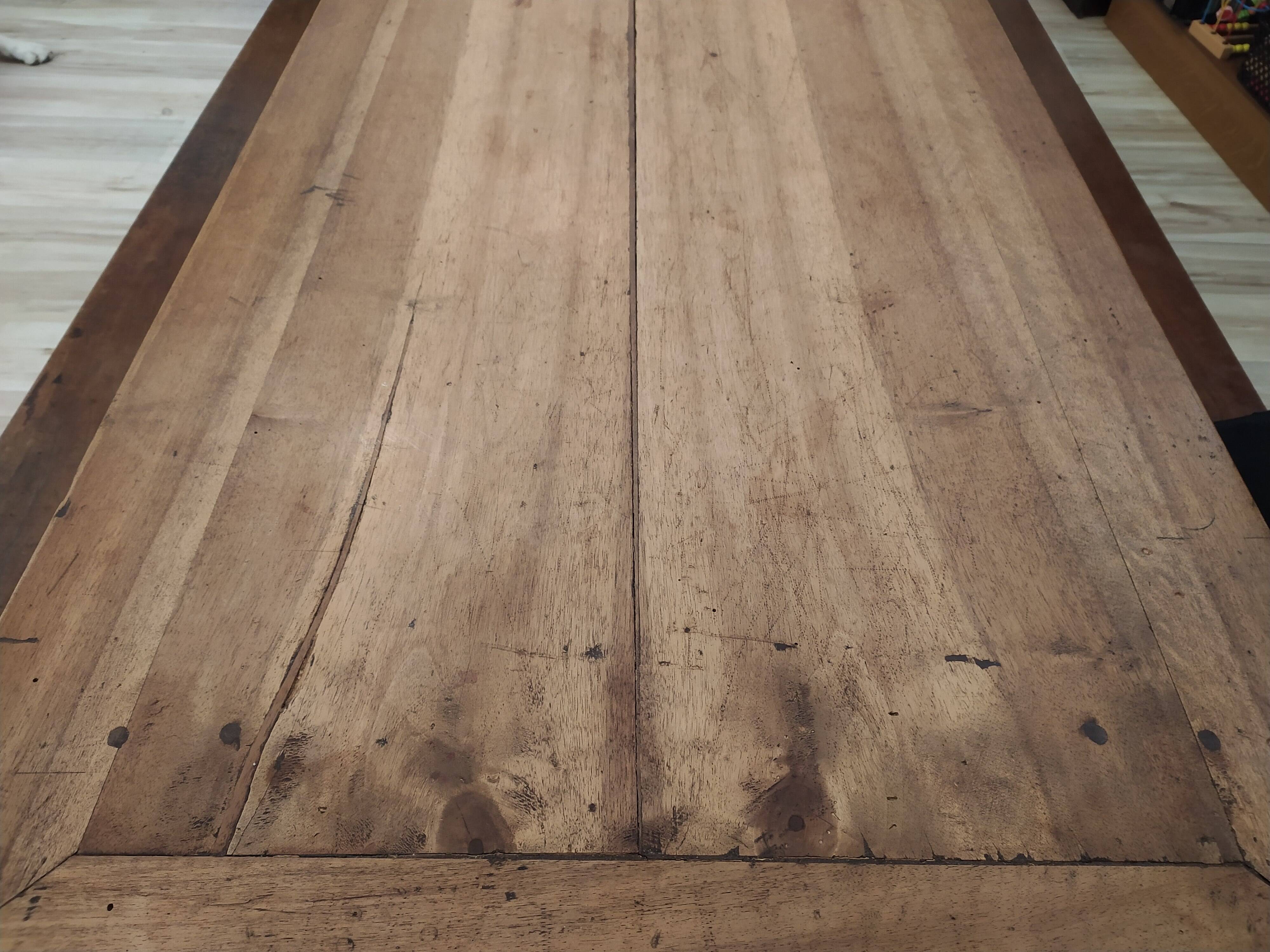 19th-century solid walnut farmhouse table, benches, extensions, Ardèche.