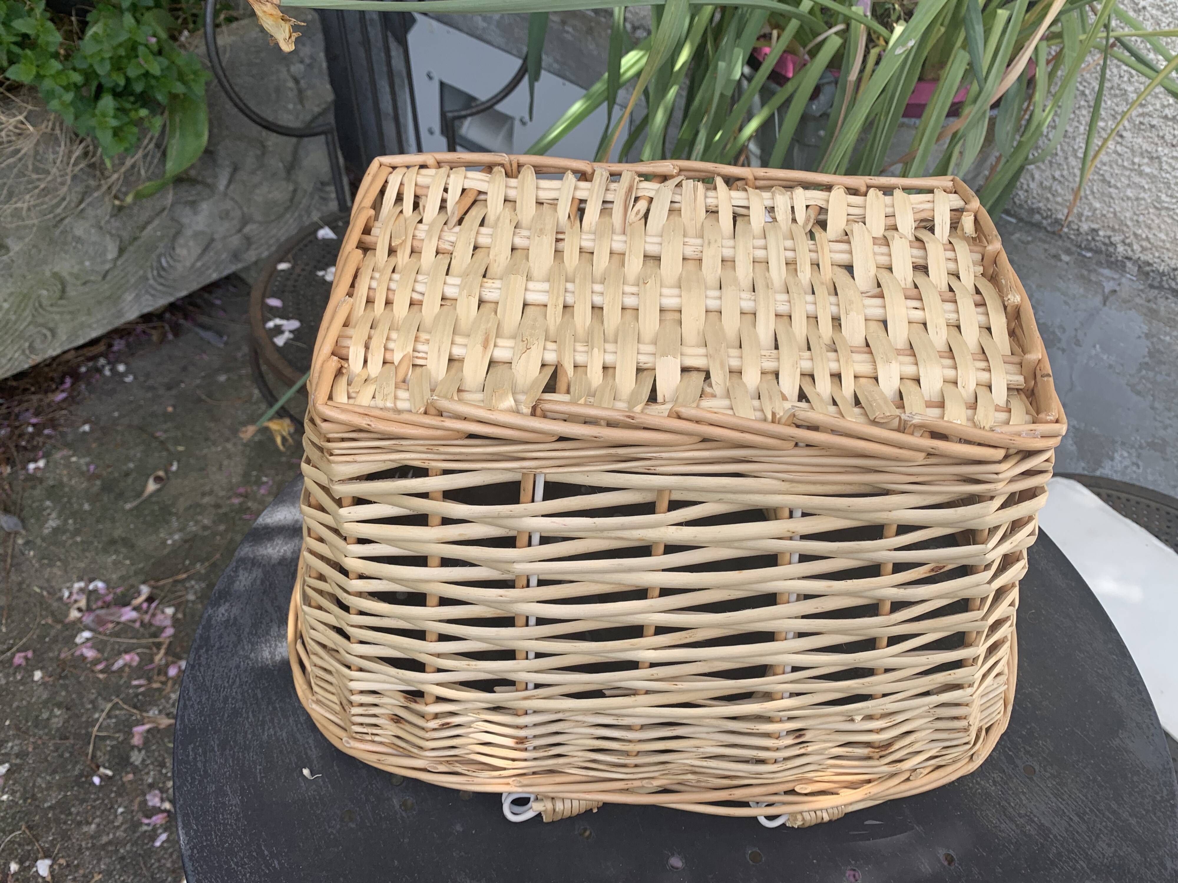 Rattan basket, woven wicker, with two vintage handles