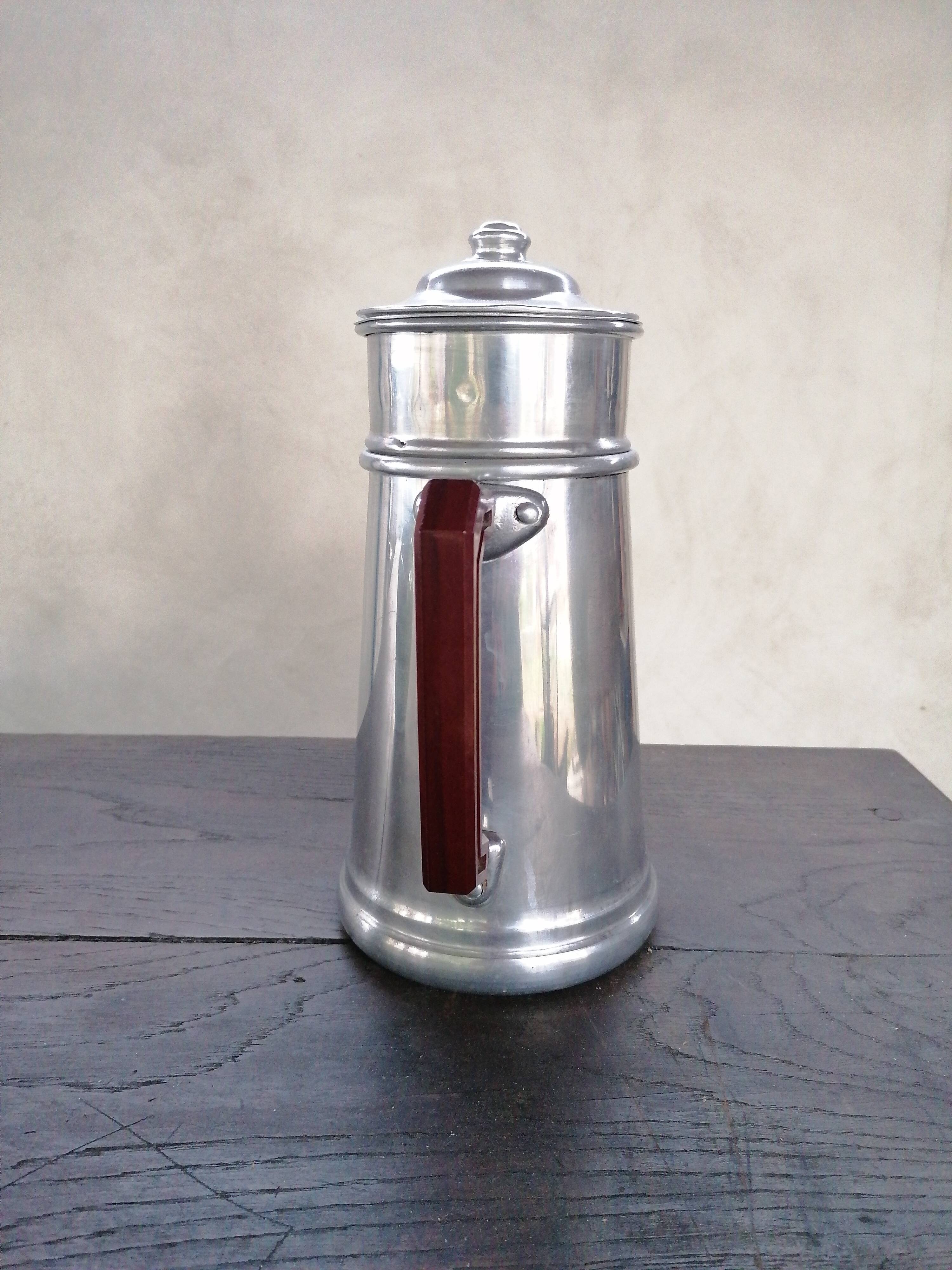 Vintage coffee maker in grey metal and bakelite handle