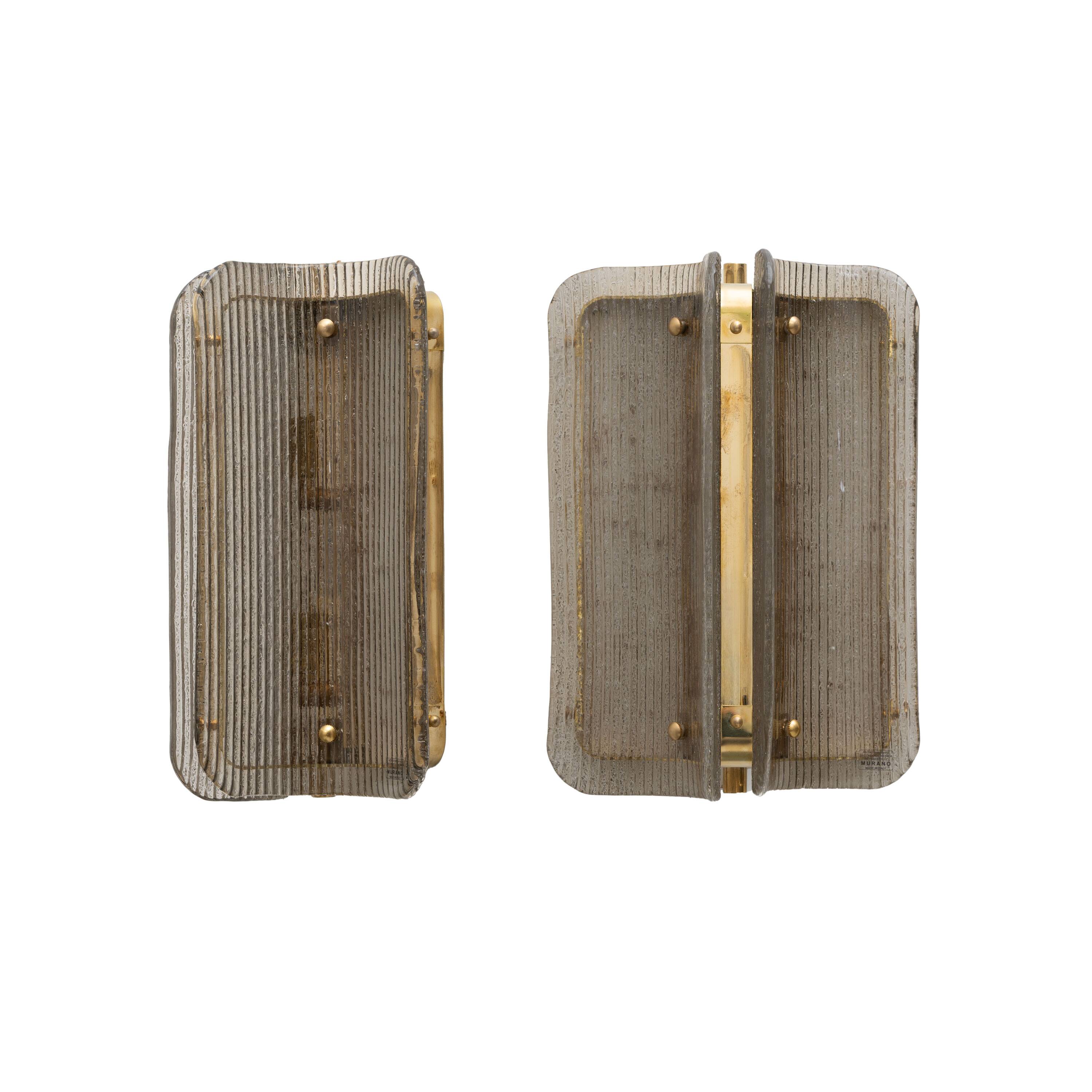 Pair of Curved Ribbed Grey Murano Glass and Brass Wall Sconces