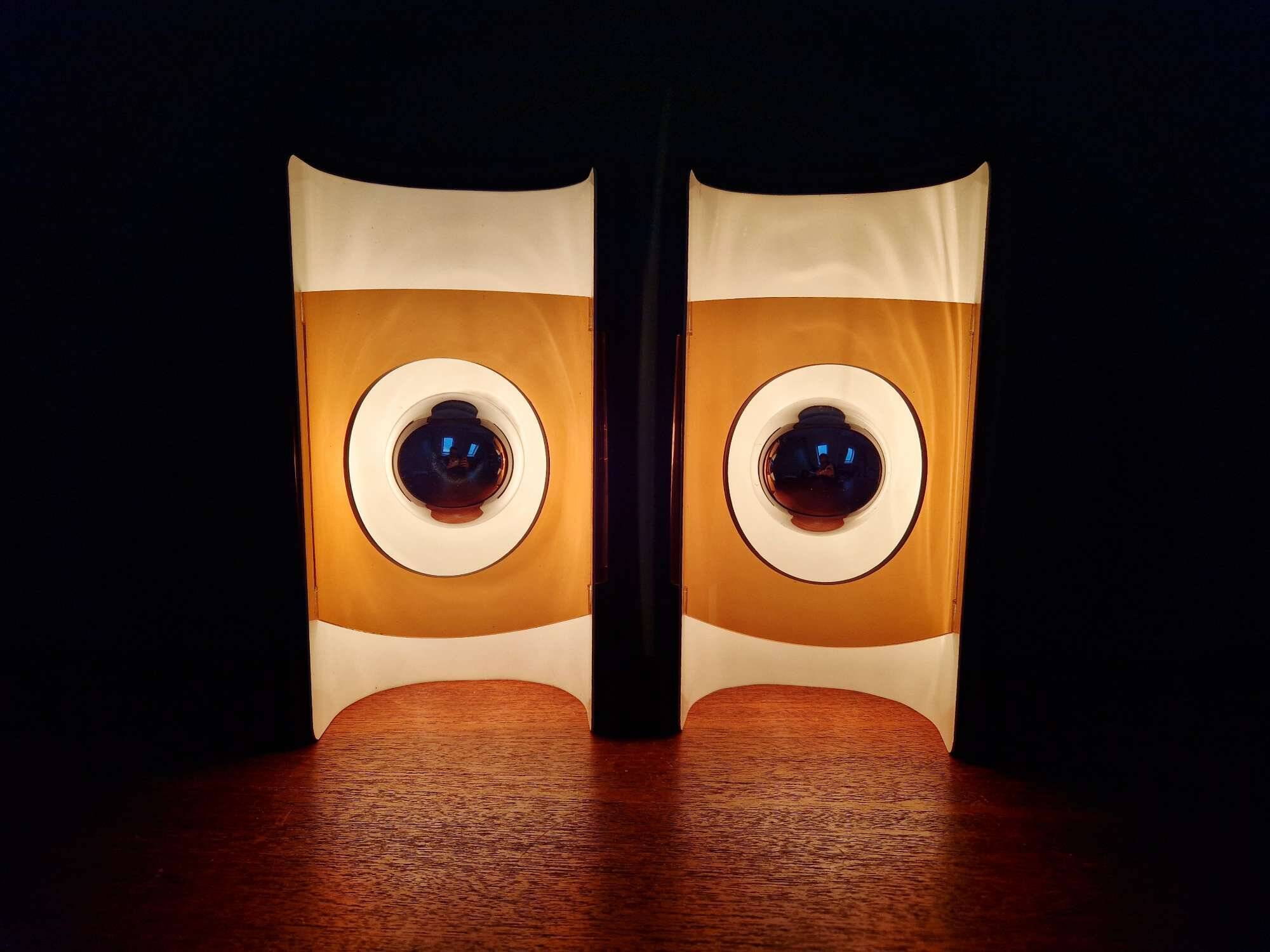 Pair of Space Age wall lights, white lacquered metal and smoked plexiglass