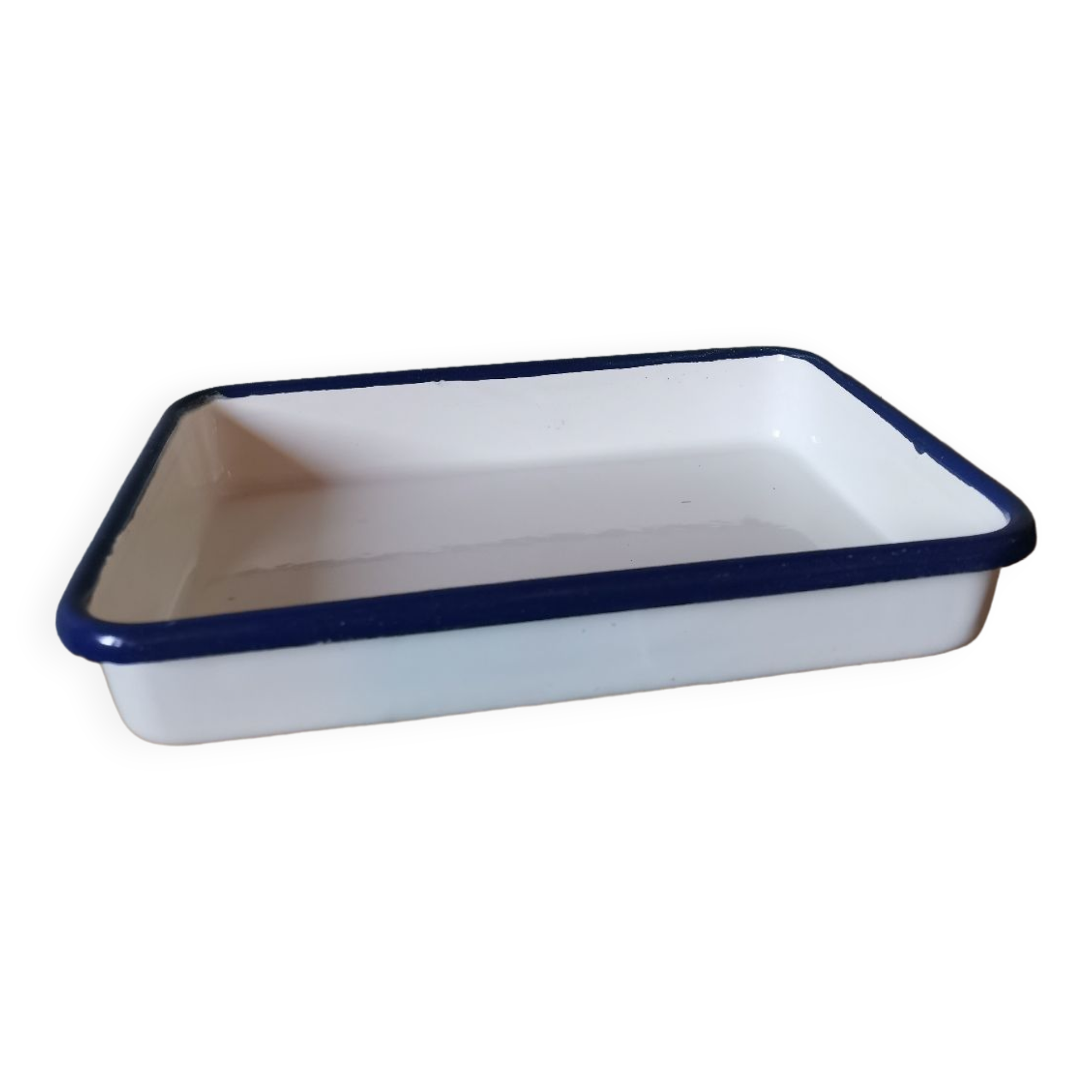 Blue and white vintage enamelled metal dish