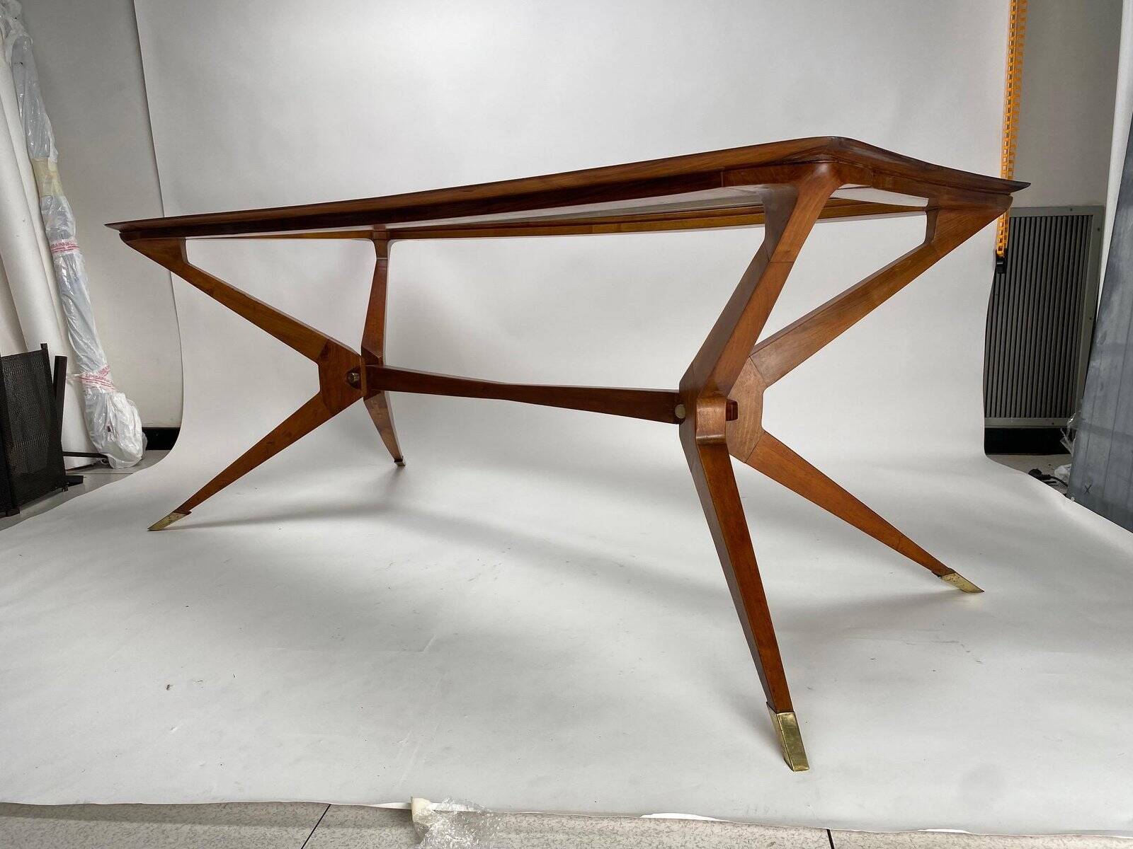 Vintage Italian Table in Wood and Brass by Turin School, 1950s
