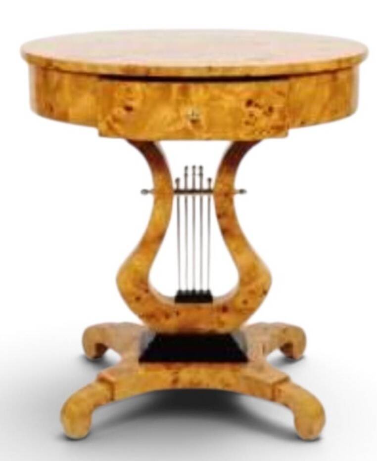 Guéridon rond Empire en bois de hêtre & loupe d'orme, 1 tiroir