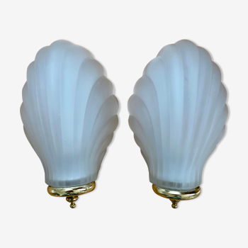 Pair lamp wall shell shell frosted glass and brass art deco