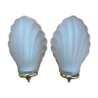Paire lampes applique coquille coquillage verre dépoli et laiton art déco