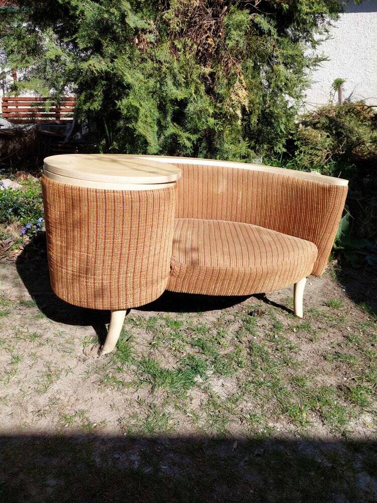 Brown fabric telephone bench from the 1960s with integrated table — Mid-Century style