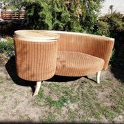 Brown fabric telephone bench from the 1960s with integrated table — Mid-Century style