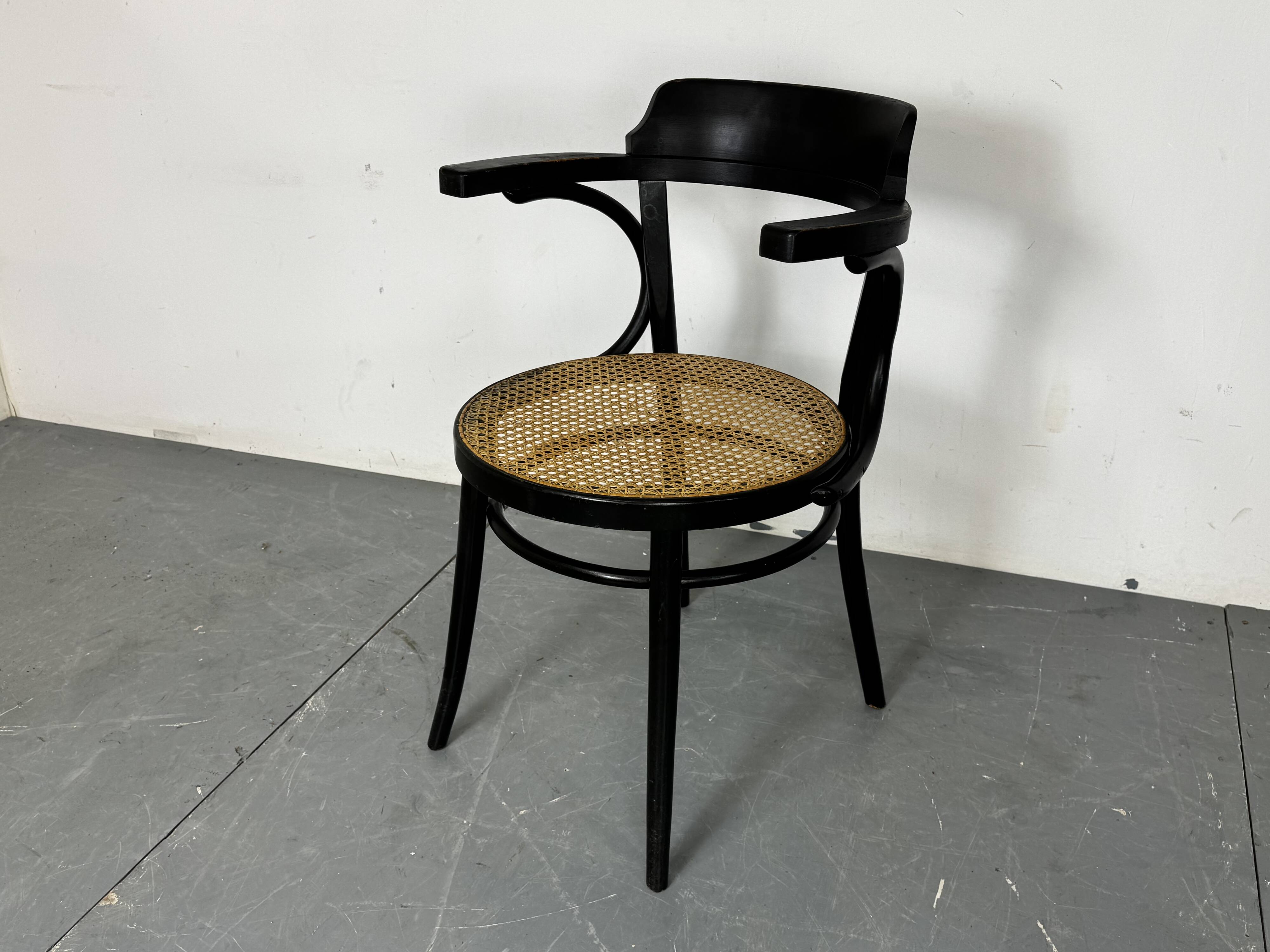 Bentwood mod 233 Black Desk Chair with Rattan Seat by Thonet, 1930s