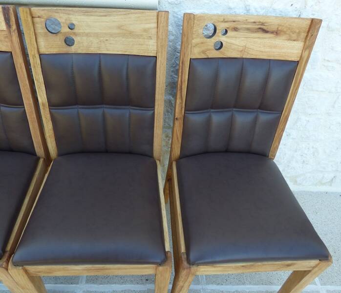 6 High-back chairs in high-quality, plush solid wood with brown faux leather