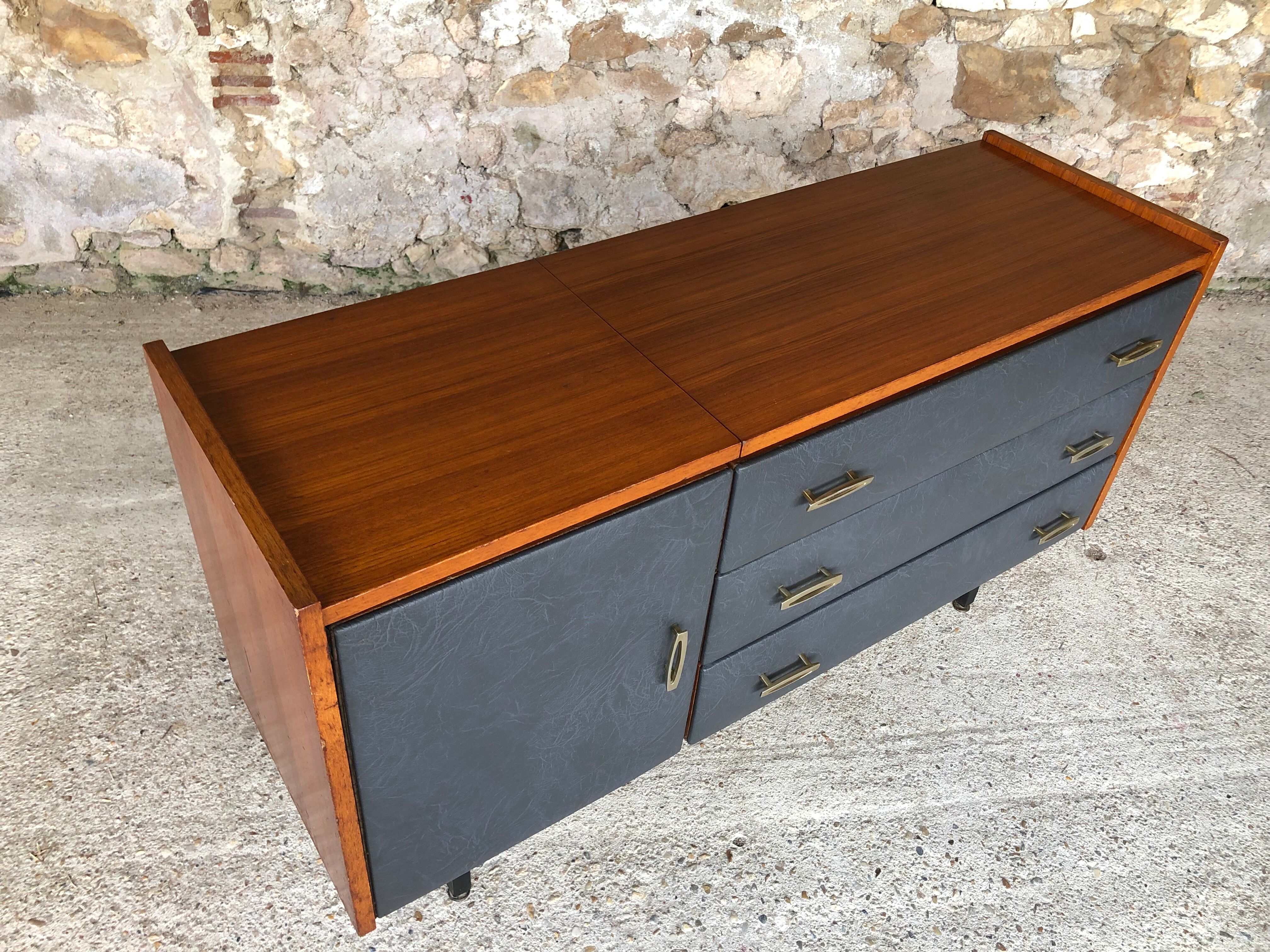 Vintage modular chest of drawers in teak and grey skaï, circa 60's