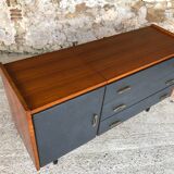 Vintage modular chest of drawers in teak and grey skaï, circa 60's