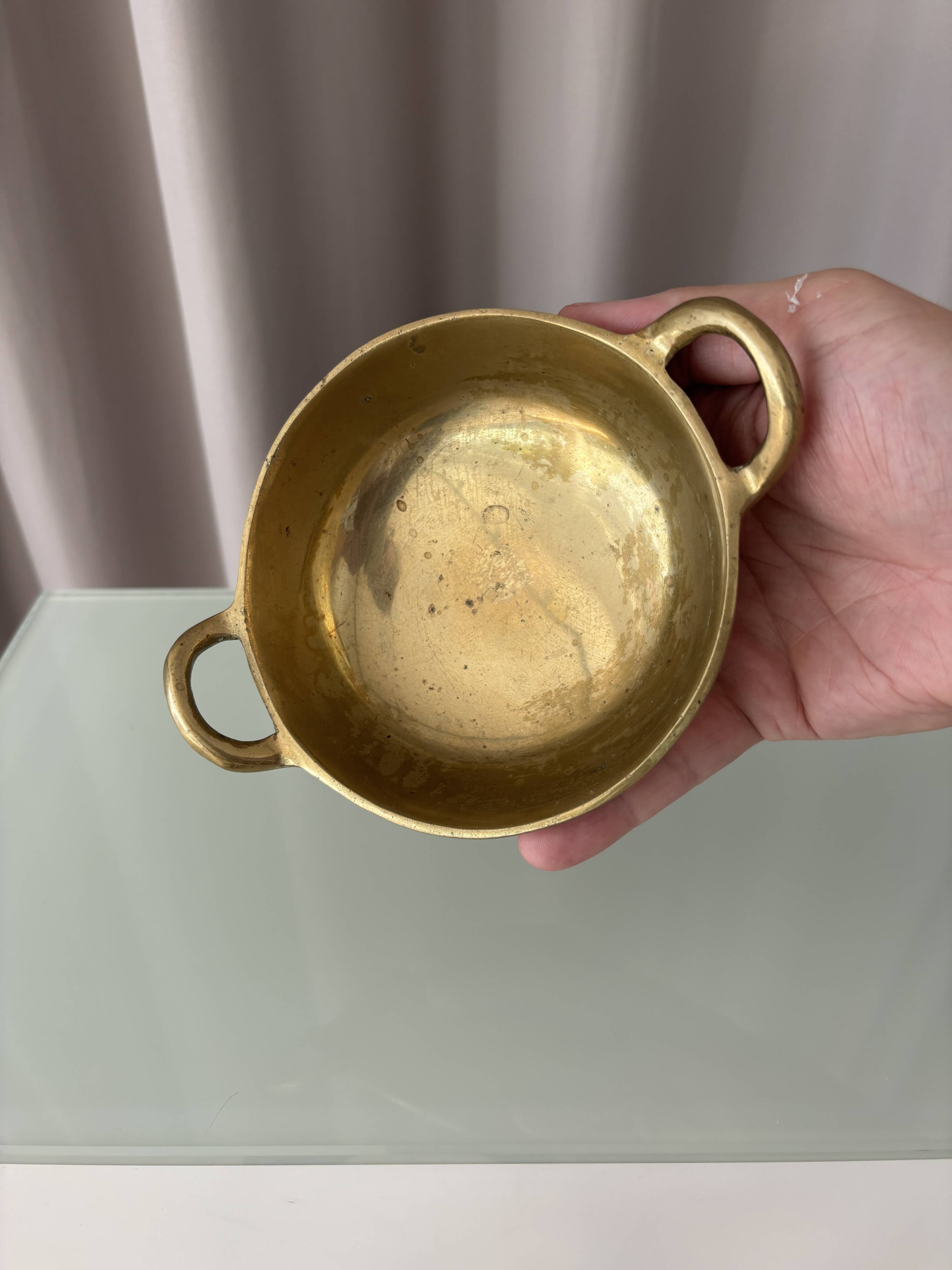 Vintage Solid Brass Catchall Bowl with Loop Handles, 1960s