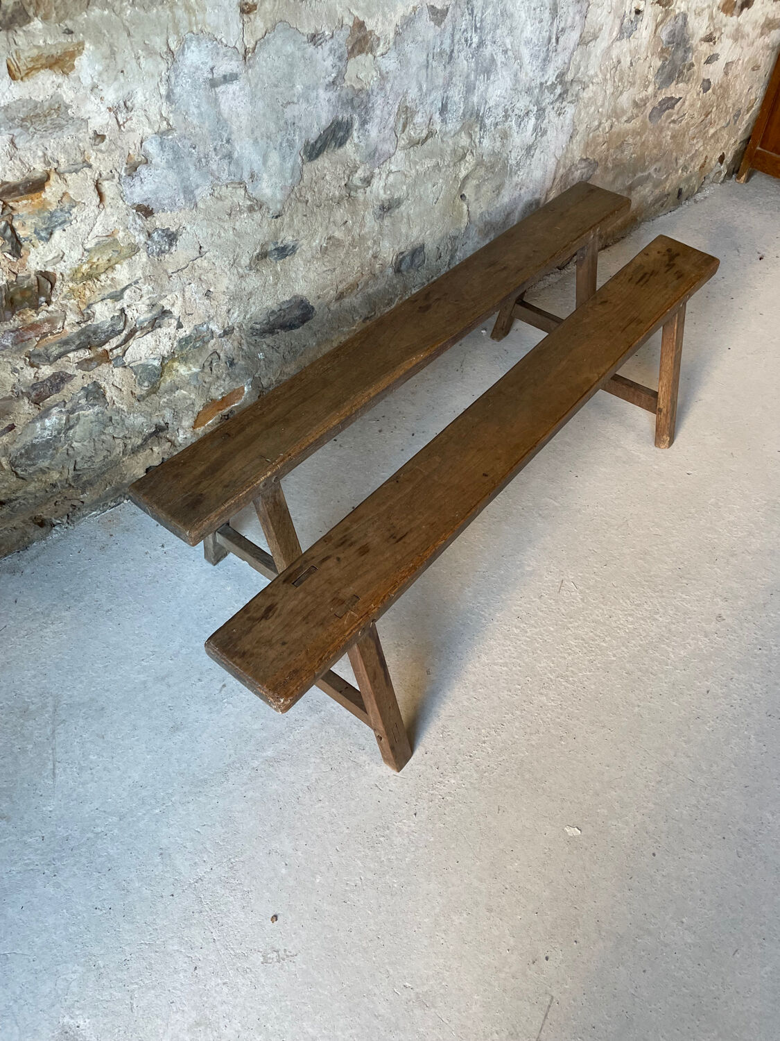 Pair of small antique solid wood benches