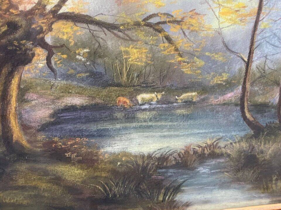Late 19th century pastel painting signed A. Leroumeau with cows near the pond