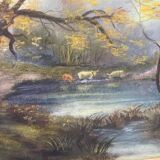 Tableau pastel fin XIXe signé A. Leroumeau aux vaches près de l'étang