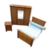 Jouet enfant, chambre à coucher, lit, armoire et chevet, années 30 Art déco
