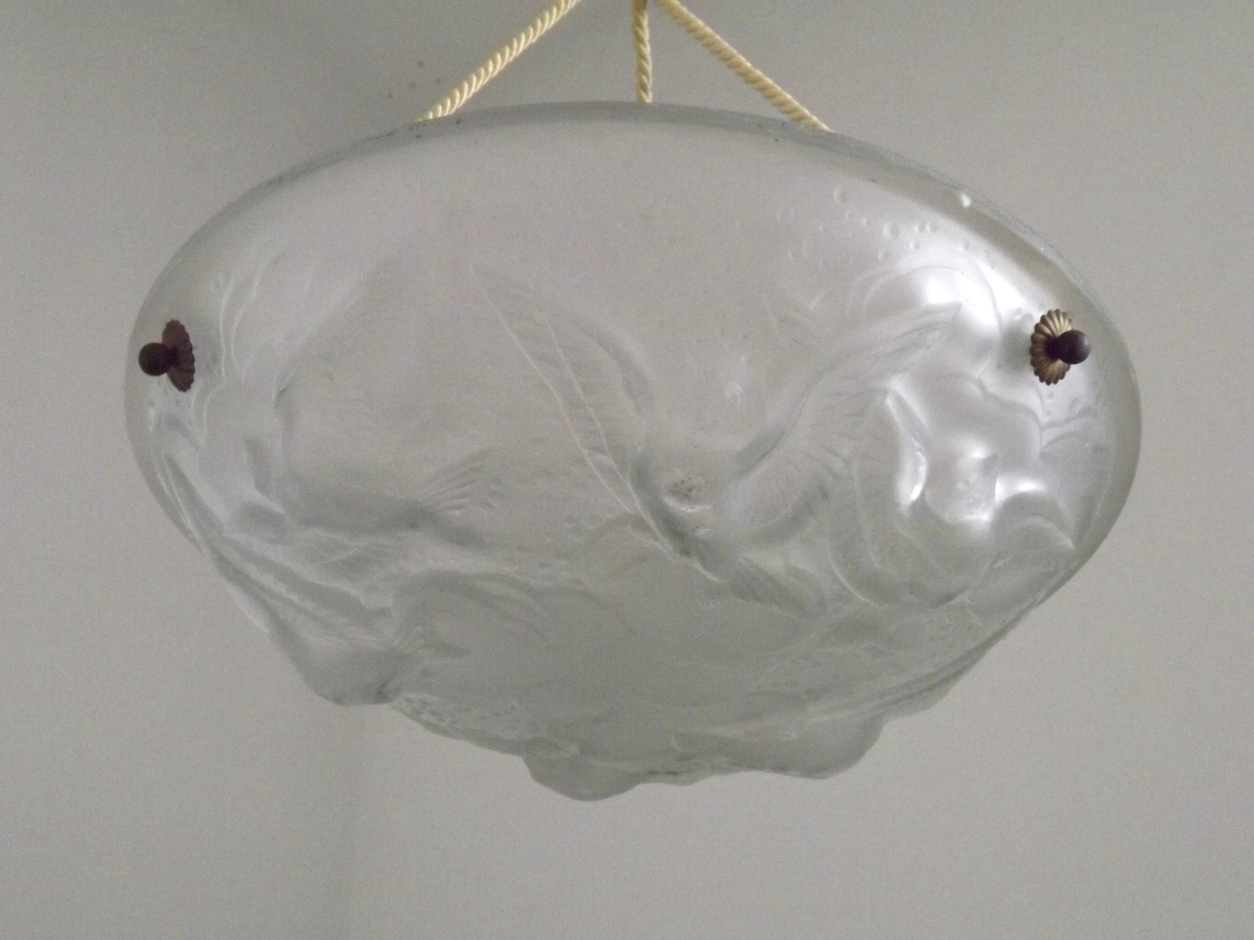 Signed Muller Frères Lunéville Art Deco Ceiling Light Flying Bird Detail