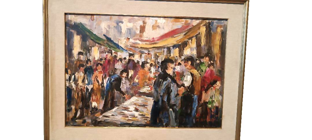 Oil painting on canvas "fish market" 70s canvas 70x50 cm signed