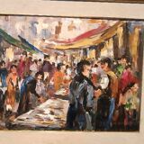 Oil painting on canvas "fish market" 70s canvas 70x50 cm signed