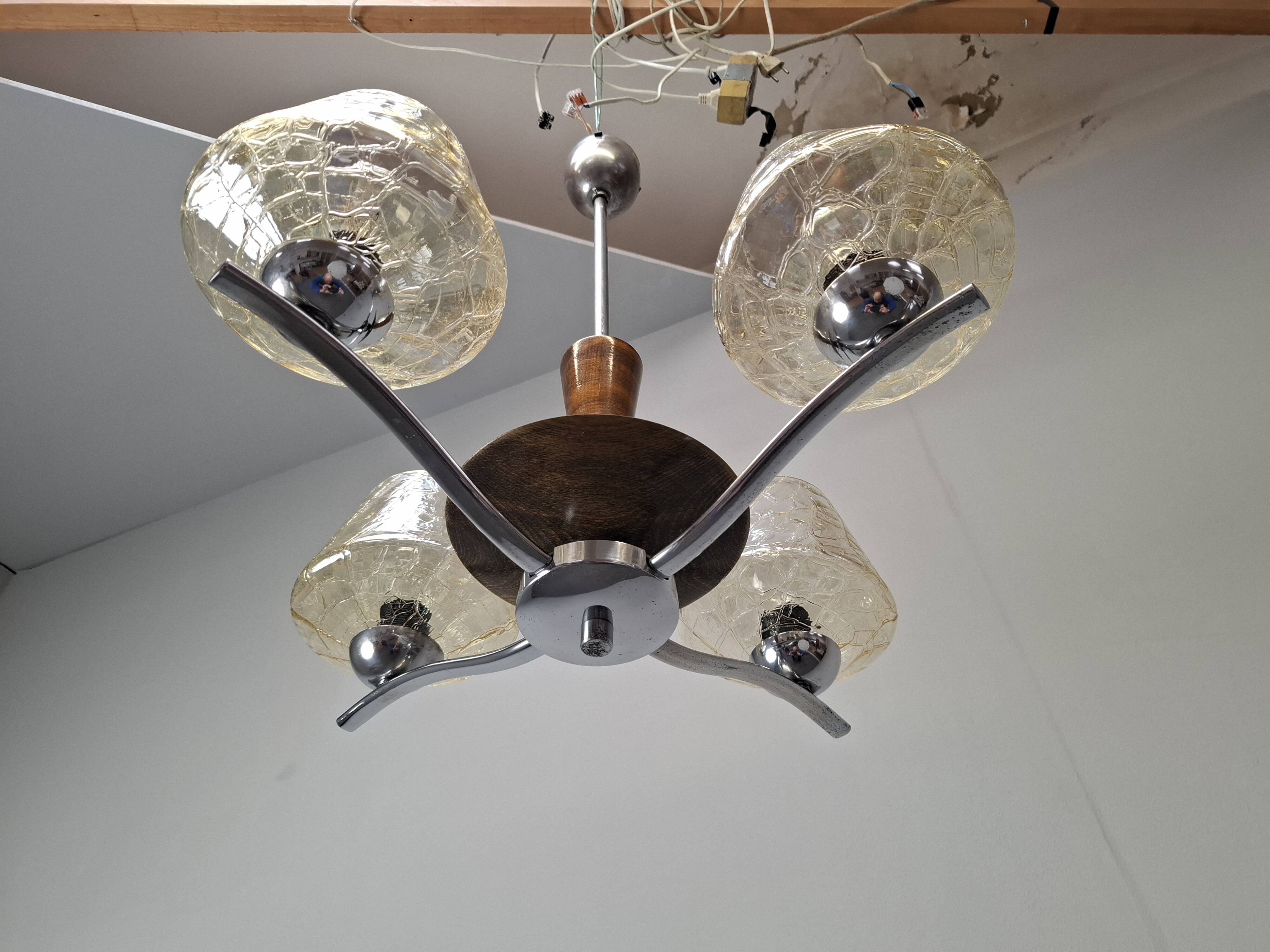 1960s Napako Mid-Century Modern Czech Four-Arm Glass Wood Chrome Chandelier