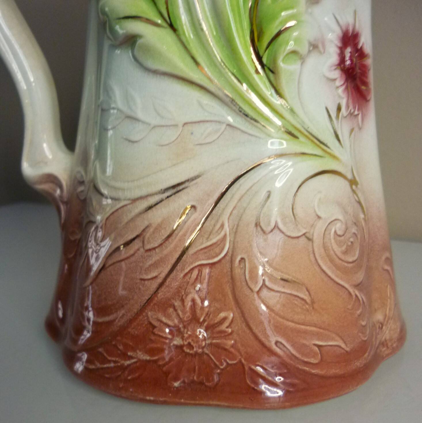 Barbotine pitcher, Onnaing earthenware, art nouveau ceramics, model no. 790