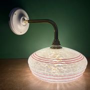 Vintage angled wall lamp with white clichy glass shade and red edging